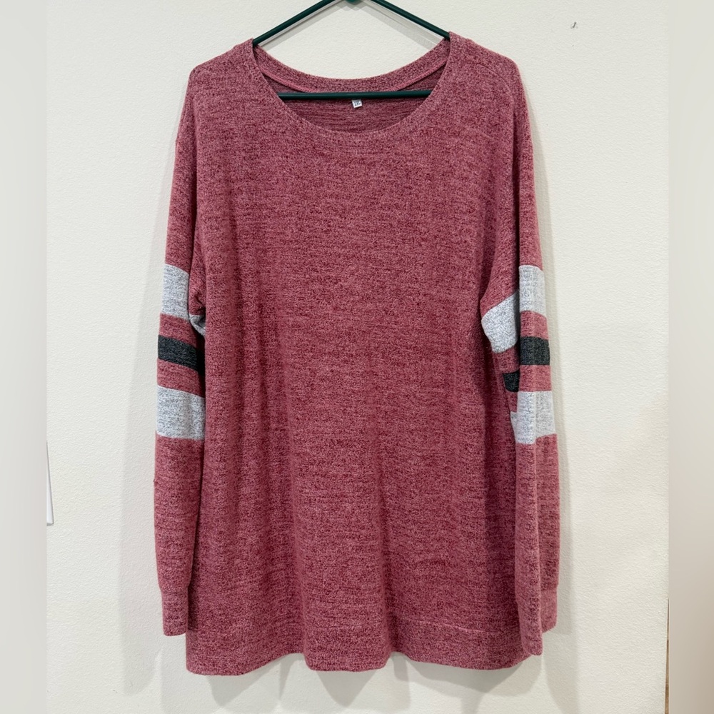 Women's Maroon Long Sleeve Top with Striped Sleeves